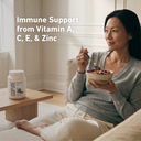 Person adding protein powder to a blender with text suggesting smoothies and shakes