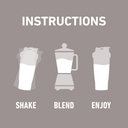 Three-step preparation graphic showing the product shaken, blended, then enjoyed