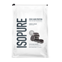 Front view of Isopure Cookies & Cream zero-carb protein powder packaging on a plain background