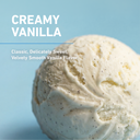 Creamy Vanilla flavor panel with a scoop of vanilla protein ice cream