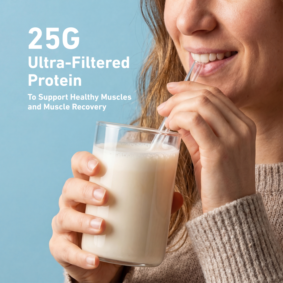Person adding protein powder to a blender with text suggesting smoothies and shakes