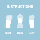 Three-step preparation graphic showing the product shaken, blended, then enjoyed