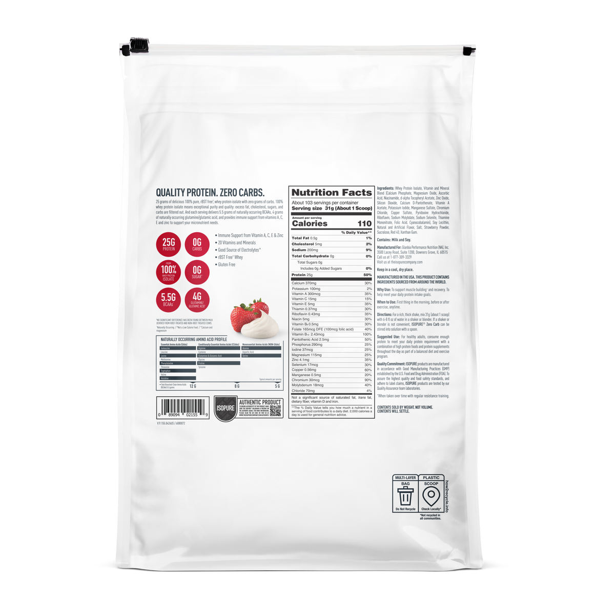 Nutrition facts, ingredients and preparation directions for zero-carb protein powder