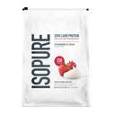 Front view of Isopure Strawberries & Cream protein powder packaging on a plain background