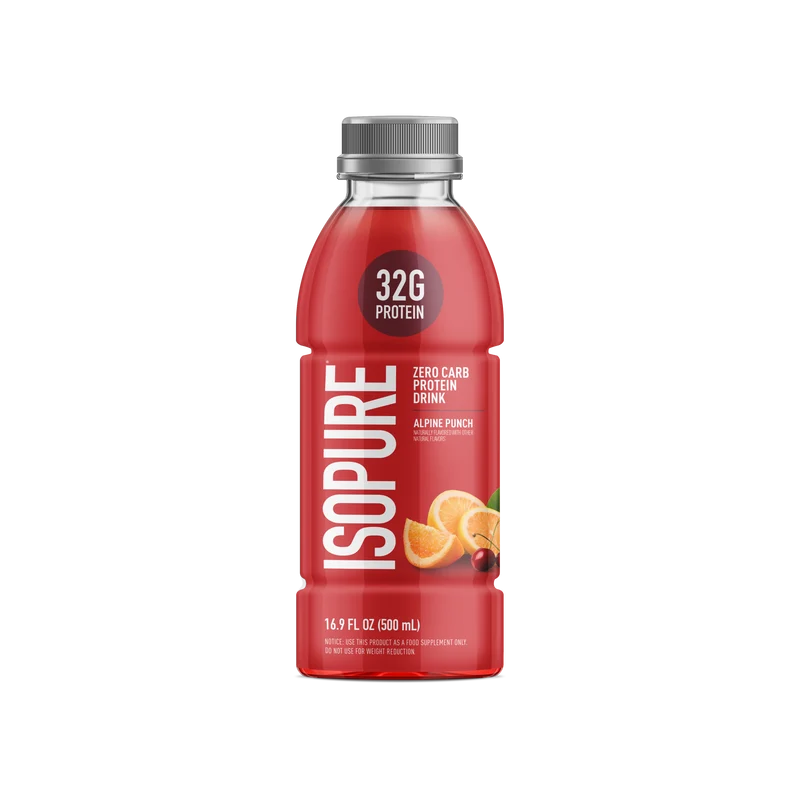 Isopure Zero Carb 32g Protein Drink Alpine Punch bottle, clear whey protein isolate drink, 16.9 fl oz
