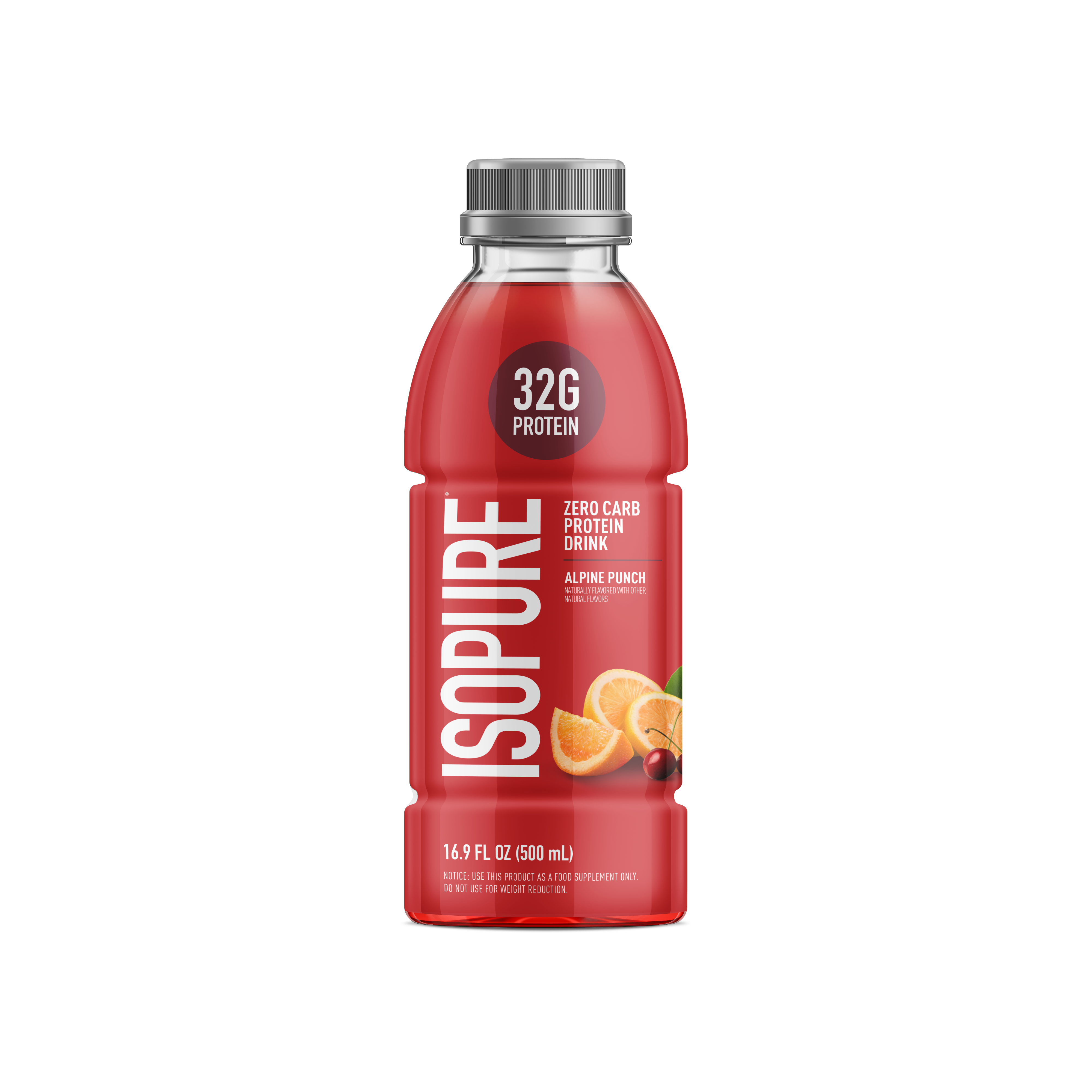 Bottle of Isopure protein drink on a white background