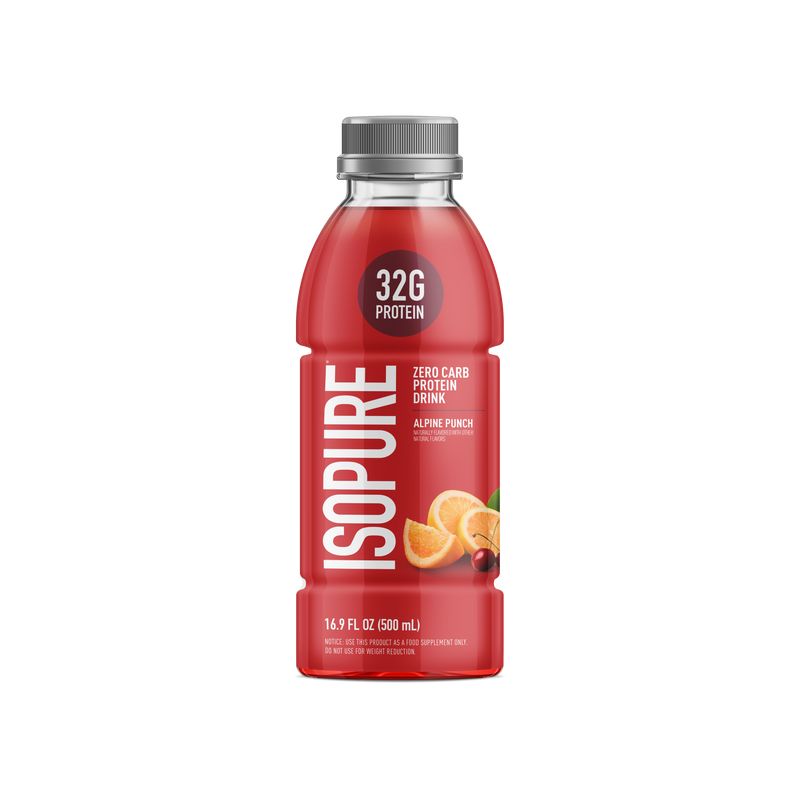 Isopure Zero Carb 32g Protein Drink Alpine Punch bottle, clear whey protein isolate drink, 16.9 fl oz