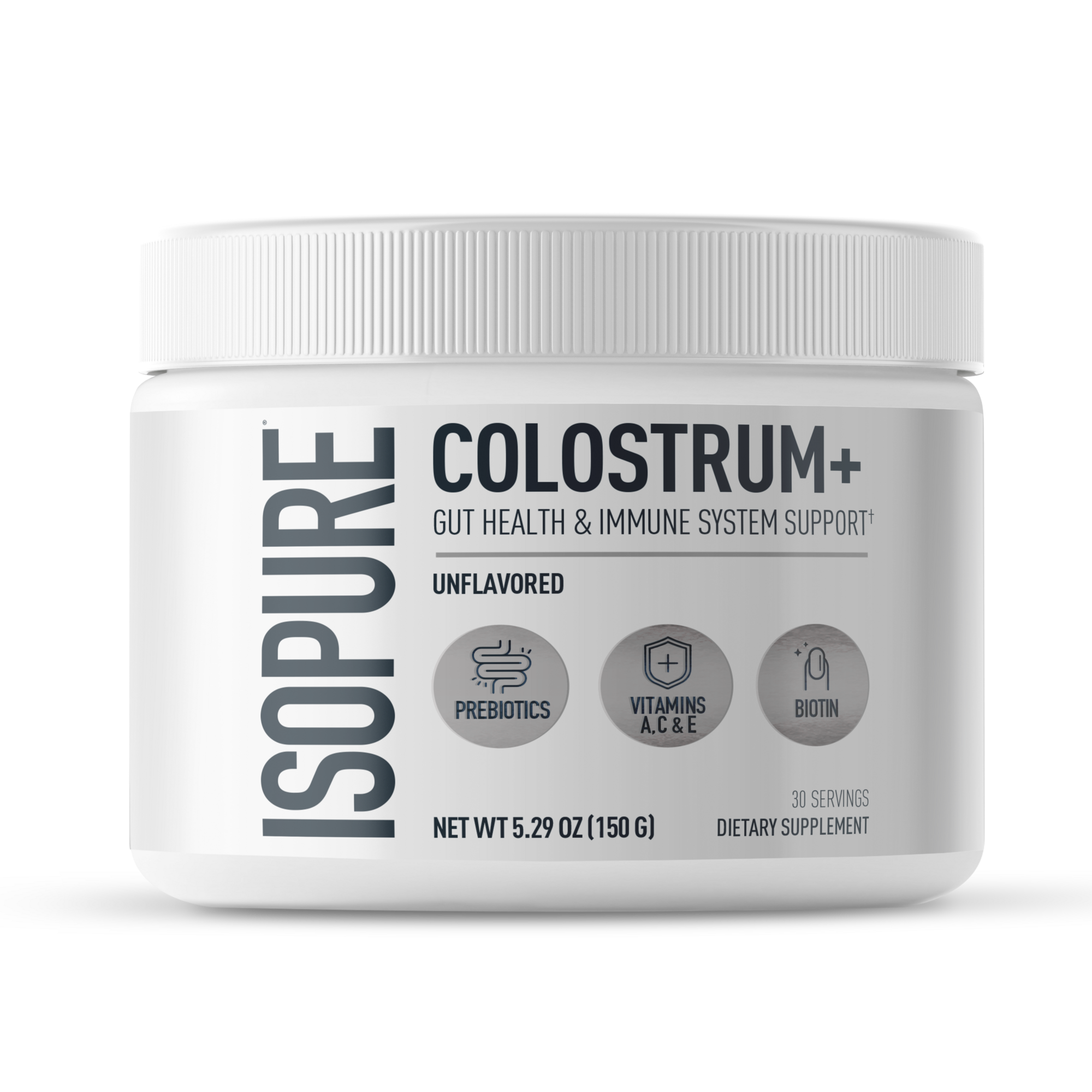 Jar of ISO PURE Colostrum plus gut health dietary supplement on a white background