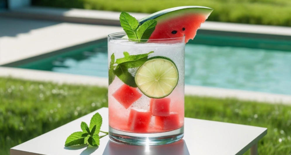 Glass of watermelon and lime slices with a watermelon slice on the rim, set against a poolside background.